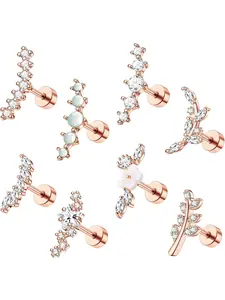 8Pcs 16G Cartilage Earring Set Stainless Steel Flower Opal CZ Stud Earrings Flat Back Cartilage Conch Helix Piercing Jewelry for Women