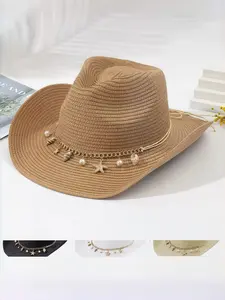 French Vintage Wide Brim Straw Hat for Women, Sunshade Beach Holiday, Sun Protection Hat, Shell Pearl Decorated Grass Jazz Hat, Casual Floral Pattern