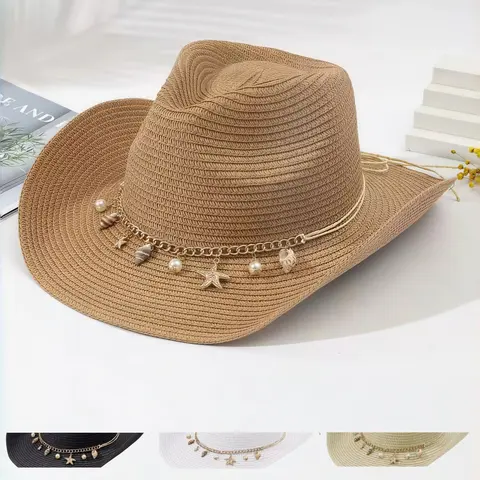 French Vintage Wide Brim Straw Hat for Women, Sunshade Beach Holiday, Sun Protection Hat, Bohemian Sun Hat, Shell Pearl Decorated Grass Jazz Hat, Casual Floral Pattern, Versatile Accessory, Stylish Hat