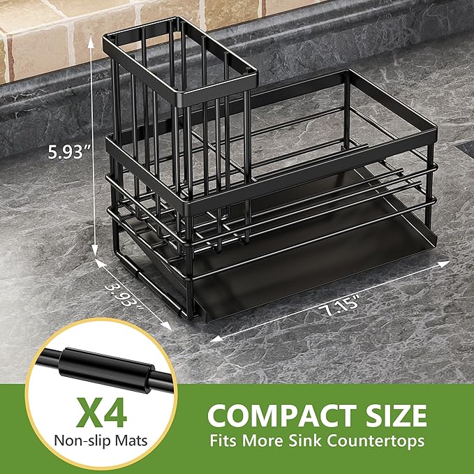 Kitchen Sink Caddy Sponge Holder with Brush Holder Self Draining Tray Rustproof Organizer