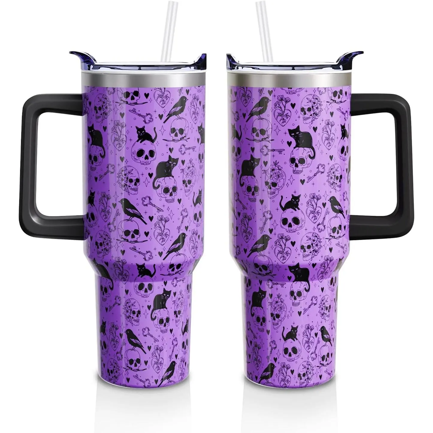 40oz Stainless Steel Airtight Vacuum Insulated Beverage Water Bottle - Gothic Halloween Aesthetic Tumbler with Skull & Black Cat Prints, Handle & Straw, Custom-Printed Coffee Cup, Holiday Gift for Women (1 PC), Custom-Printed Water Bottles