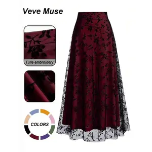 Women's floral embroidery contrasting mesh A-line half skirt, a casual and elegant high waisted midi dress suitable for formal gatherings, vacations, and wedding guests, a long skirt suitable for women all year roundRAIMENTRY