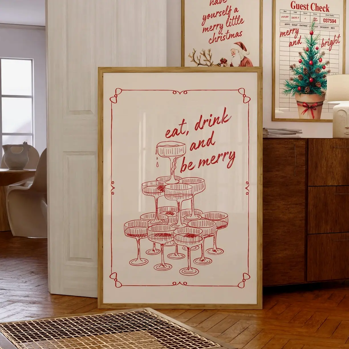 Eat Drink and Be Merry Wall Art, Retro Holiday Poster, Vintage Champagne Tower Print, Christmas Party Decor, Festive Kitchen Printable | Framless Poster O