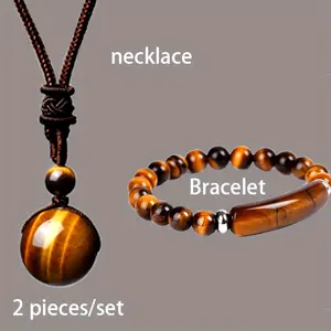 [Natural Stone] Round Natural Tiger's Eye Necklace |   2pcs/set |   Natural Stone |   Adjustable Braided Rope |   Unisex |   Valentine's Day, Christmas, Halloween Gift,mother's day gift
