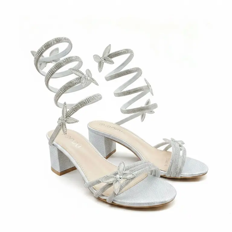 Women’s Sparkly Rhinestone Spiral Wrap Block Heels for Prom & Party