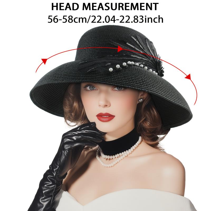jewelry [Pearl & Lace Flower Straw Hat] Elegant Pearl & Lace Flower Straw Hat - Stretchable Wide Brim Sun Hat with Faux Feather Accent - Ideal for Beach Vacations, Derby Events & Church Outings