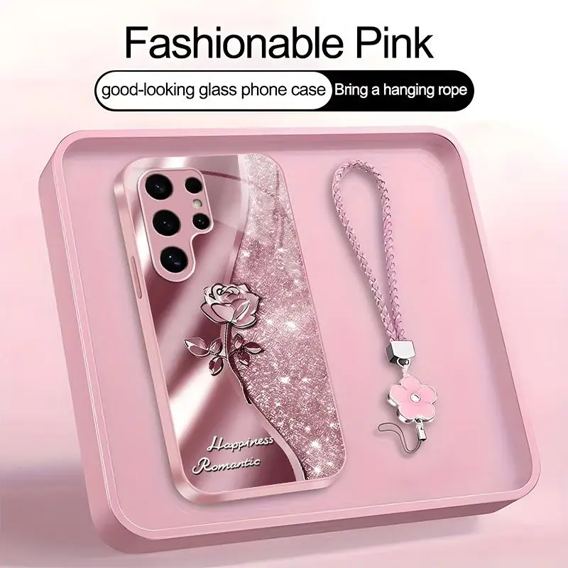 Suitable for [Galaxy S24 Ultra] high-end phone case，a beautiful four-leaf clover lanyard is included,printed case, no glitter，exquisite high-quality rose pattern,a variety of colors are available for you to choose from YM99