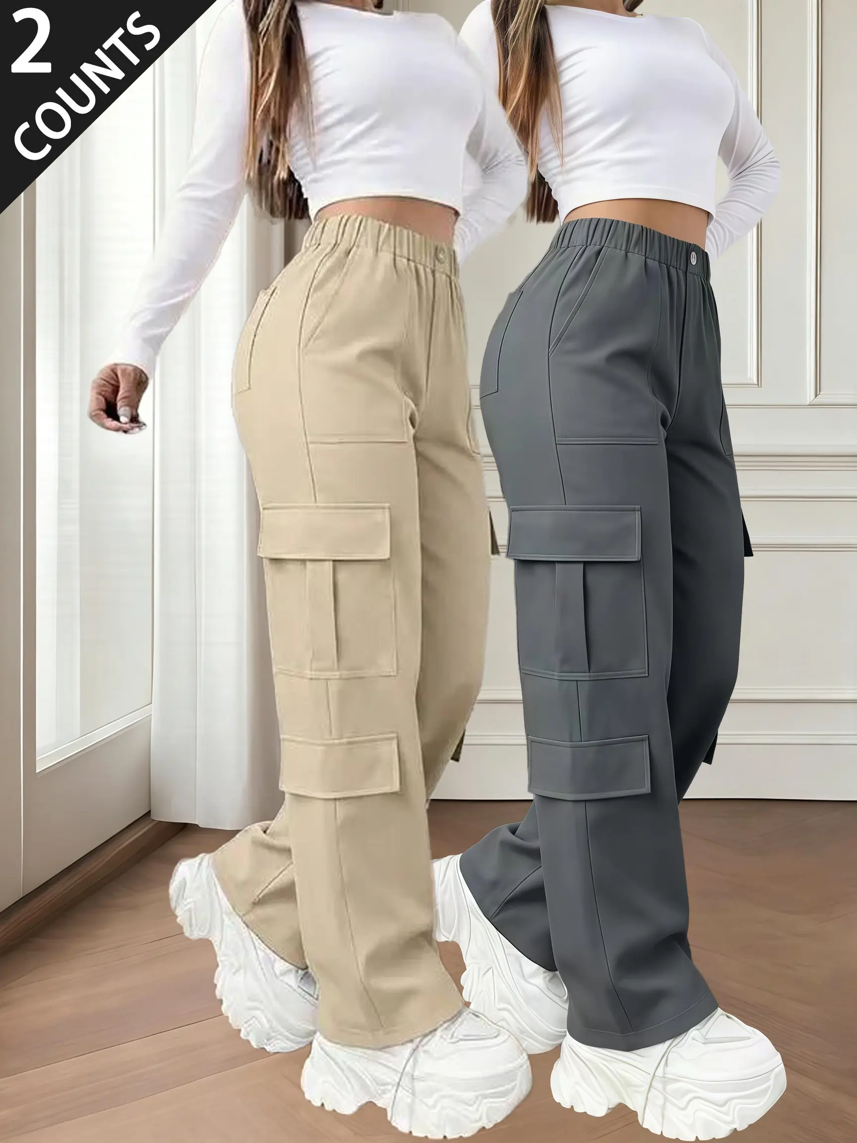 Women's 2-Pack High-Waisted Cargo Straight Bottom Trousers, Semi-Elastic Waistband, Multi-Layer Design with Side Pockets, Metal Button Front, Drapey Wide-Leg Floor-Length Polyester Pants, Retro Comfortable Style for European-American Vibe, Cargo Pants Wom