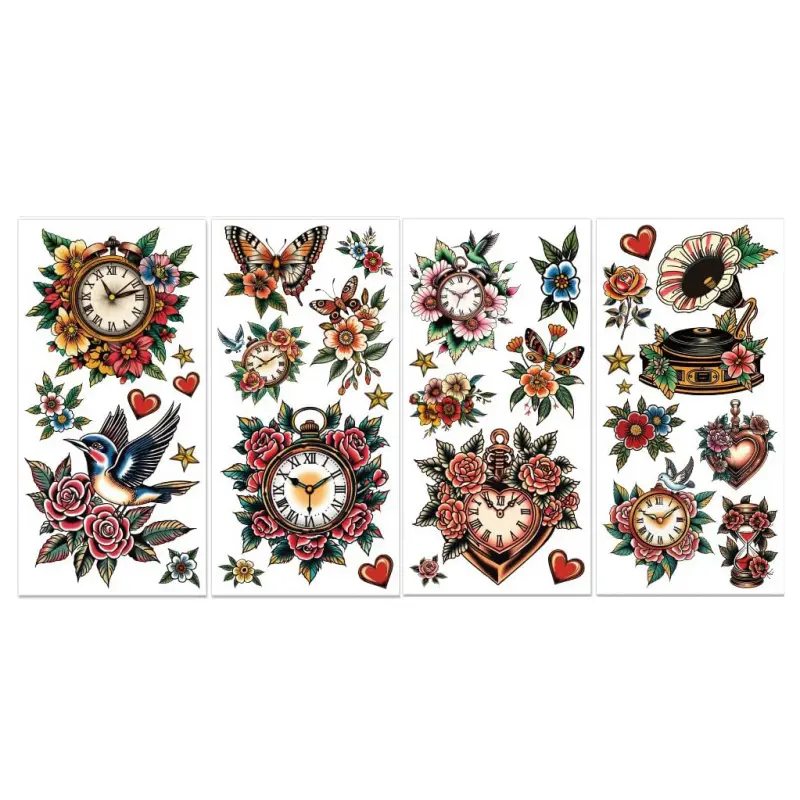4 Sheets Ink Tattoo Clock Furniture Transfers Stickers 6x12inch Clock Flowers and Birds Rub on Transfer UV Self-Adhesive Stickers Wall Art Craft for Bedroom Living Room Desk Table