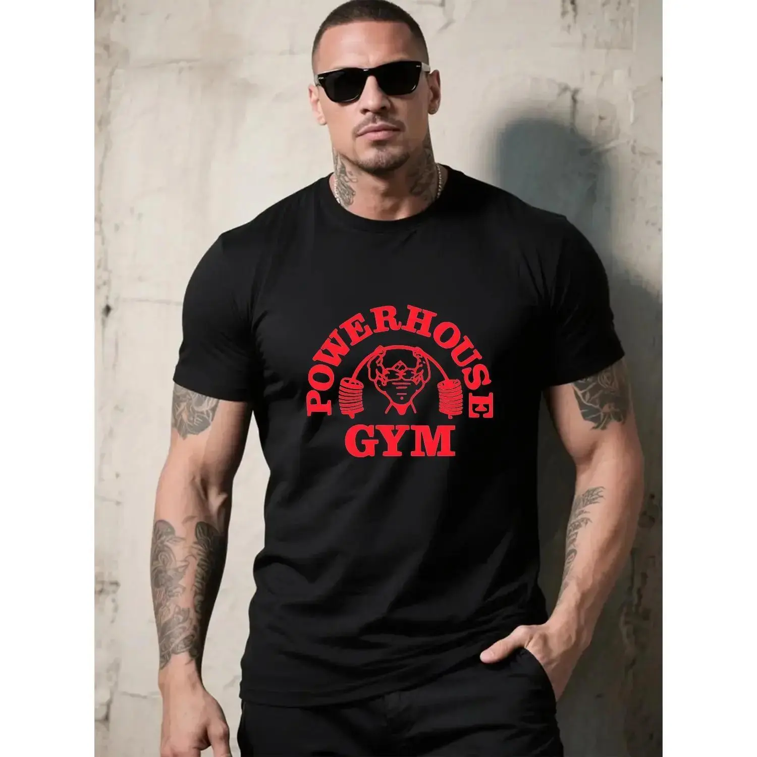 Men Heavyweight TShirt 100 Vintage Wash Gym Loose Fit Wide Shoulder Sleeves Gorilla World and Powerhouse Gym Graphic Print