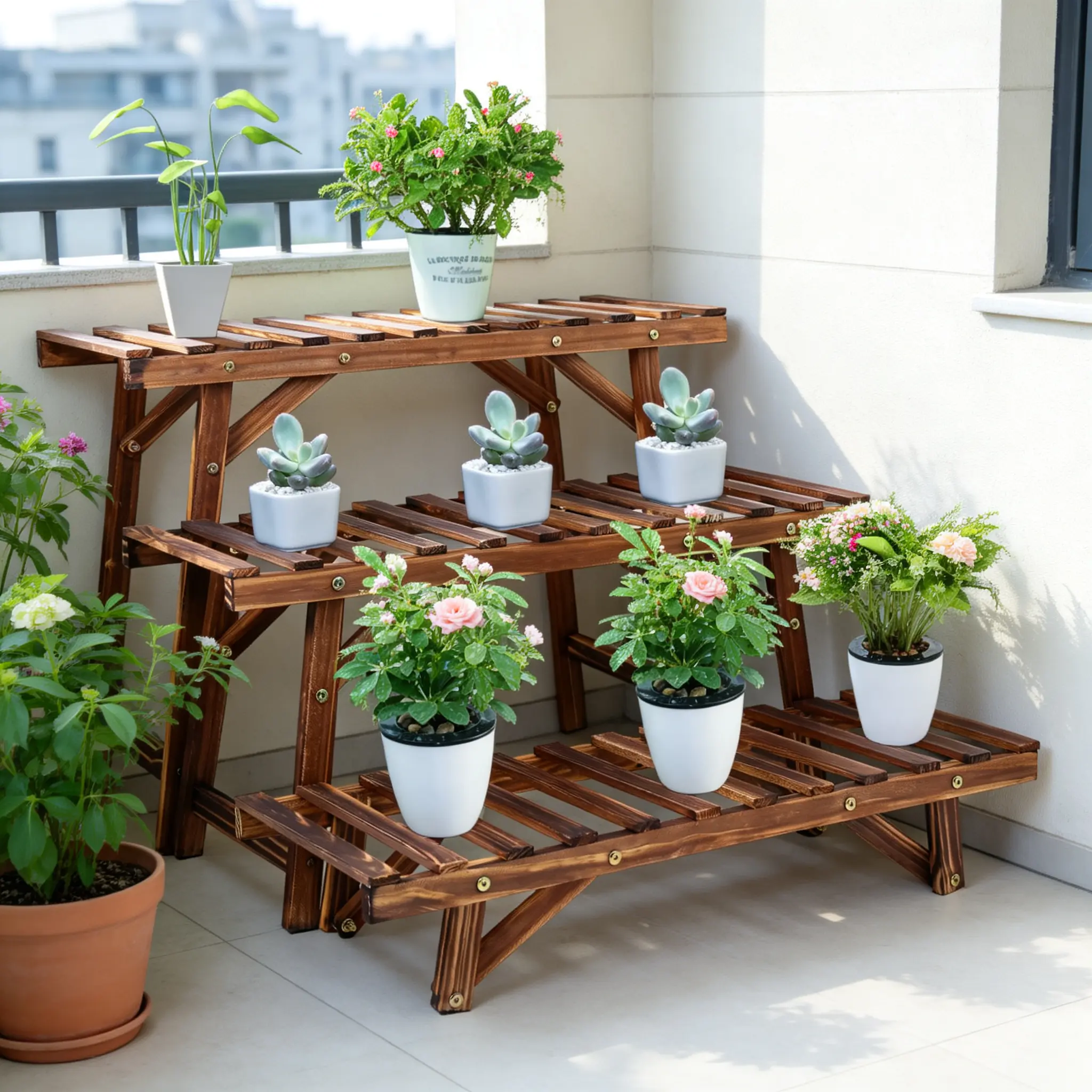 Carbonized Wooden Garden Planter Stand - 3-Tier Plant Riser with 3 Individual Shelves, Heavy Duty Rustic Solid Outdoor Shelf, 15kg Capacity Ladder Rack for Patio, W/ Hardware, Assembly Guide, Vertical Planter Tower