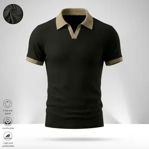 American Retro Color-Block Turn-Down Collar Waffle Polo Shirt Men’s Casual Short-Sleeve T-Shirt