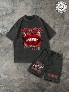 Trendy Sunnttears Distressed Set, Main Color, Drawstring Waist Detail, Loose Comfort Fit, Unisex Street Style, Hardcore Subculture Look