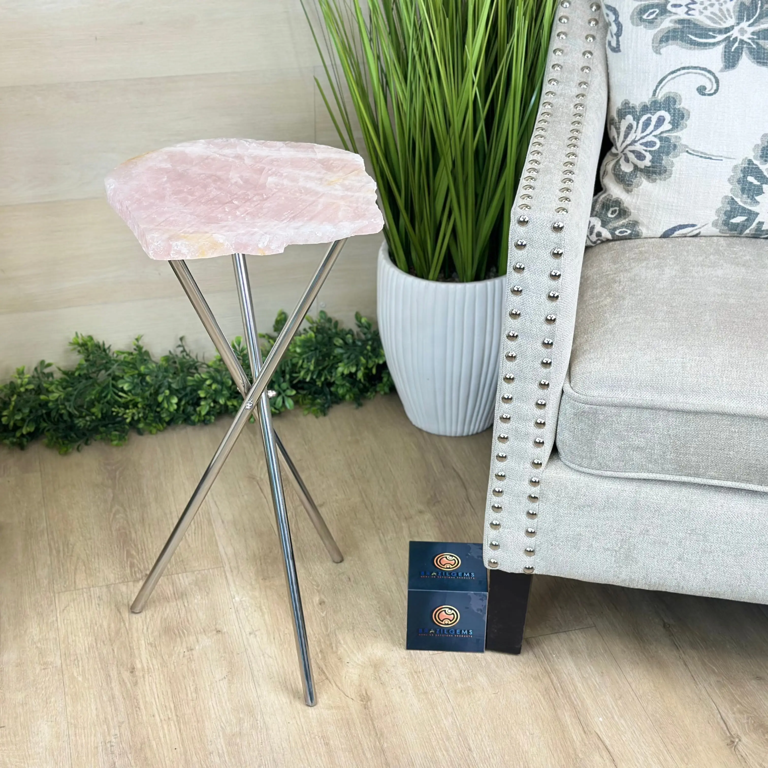 Natural Rose Quartz Side Table on Chrome Metal Base, 24.8" Tall #1341RQ-005