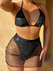 Two-Piece Set Women's Glitter Halter Triangle Bikinis for Summer 2024, Tie Back Sleeveless High Waist Swimwear for Beach Holiday Vacation, Ladies Summer Clothes, Triangle Bikini Top
