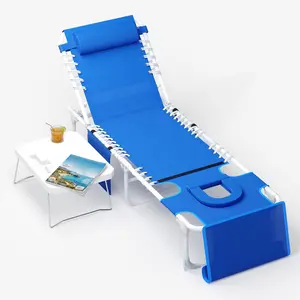 3-in-1 Outdoor Tanning Lounge Chair with Face Hole 5 Adjustable Reclining Positions Folding Side Table & Removable Pillow – Sturdy Sun Lounger for Beach Pool Patio Garden