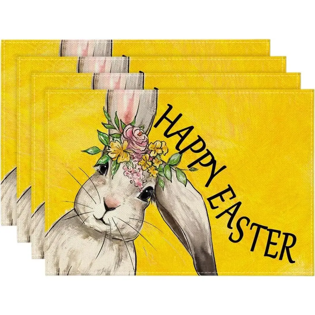 Yellow Bunny Rabbits Easter Placemats Set of 4, 12x18 Inch Flower Seasonal Spring Holiday Table Mats for Party Kitchen Dining Decoration