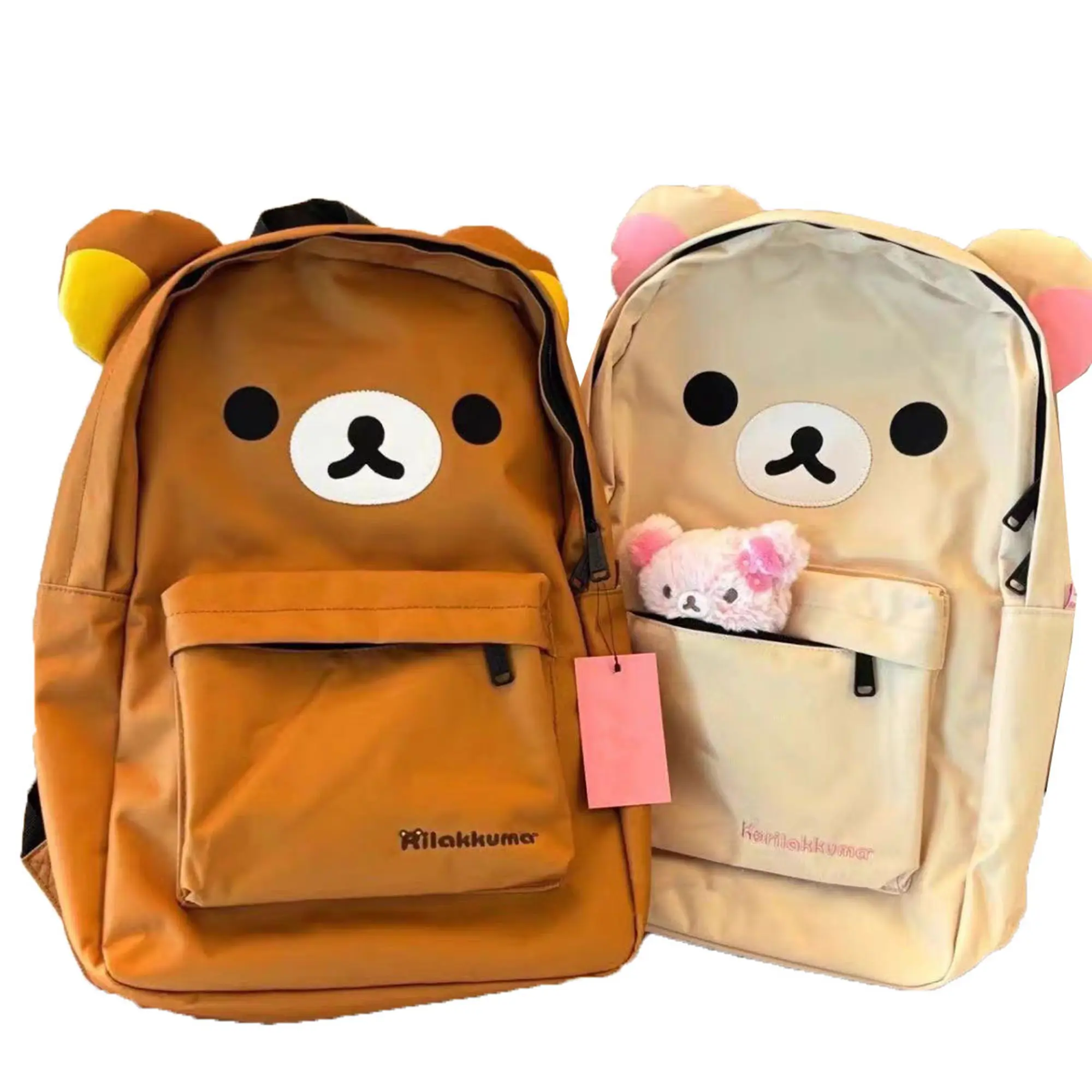 Rilakkuma Cute Bear Backpack - 3D Plush Pink Ears, Kawaii Anime Large-Capacity Waterproof Nylon Bookbag with Cartoon Lining, Mini Pink Bear Doll Pendant for Girls, Casual Travel Laptop Bag