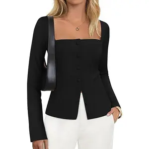ZESICA Women's Fall Square Neck Blazers 2026 Casual Long Sleeve Button Up Work Business Fitted Blazer Jackets