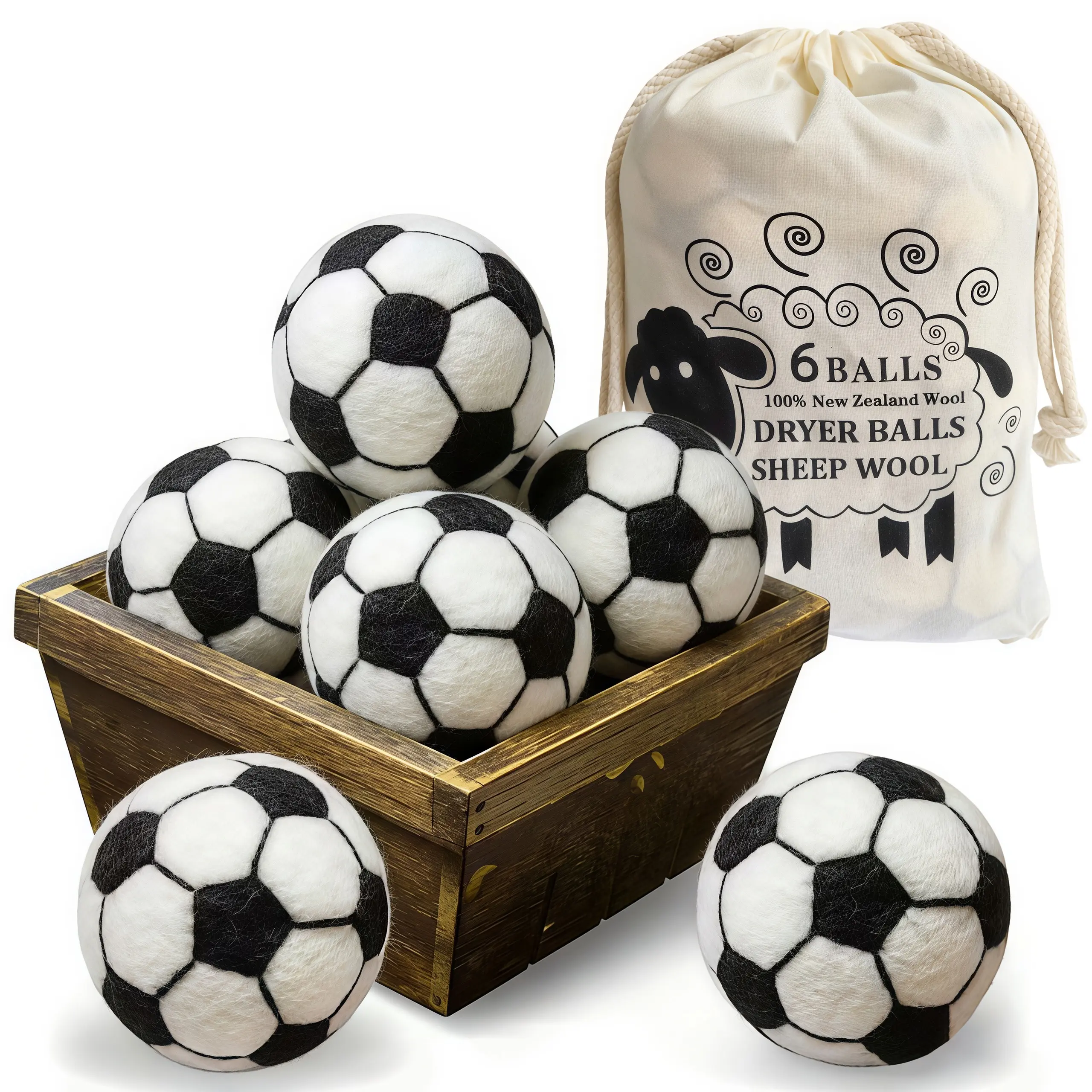 LMMAKE 6PCS Wool Dryer Balls - 100% Handmade Premium New Zealand Wool, Natural Fabric Softener, Eco-Friendly, Hypoallergenic, Reduces Wrinkles & Saves Drying Time, No Chemicals or Additives (Football Style)