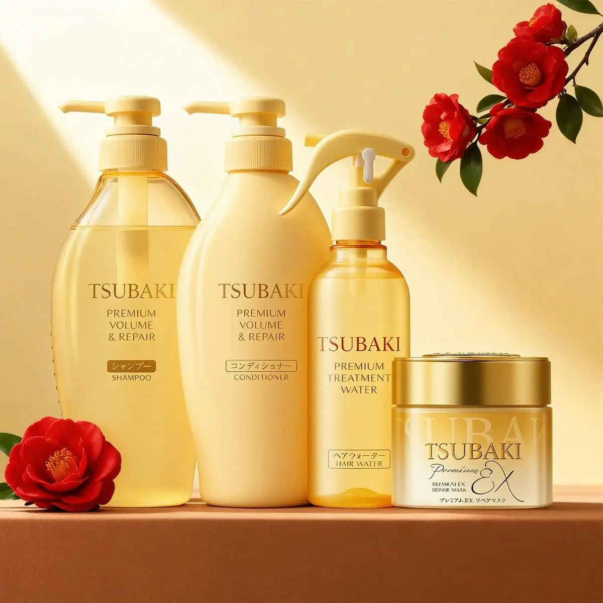 Premium 0-Second Haircare Repair Set - Golden Camellia Cleansing Shampoo 450ml, Intensive Conditioner 450ml, Hair Mask 180g, Leave-In Spray 210ml