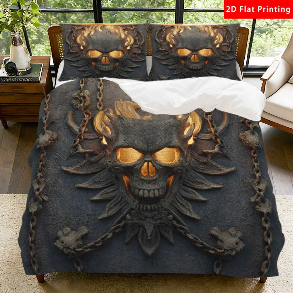 2/3 Pcs 2D Flat Flame Skull Chains Duvet Cover Set Flame Skull Bedding Set Quilt Cover 1 Duvet Cover + 1/2 Pillowcases Flame Skull Top Sheet Decorative Bedding Bedroom Decor