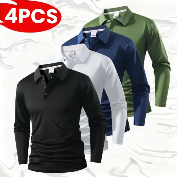4-Pack Men’s Solid Color Long Sleeve Polo Shirts, Breathable Skin-Friendly Wrinkle-Resistant Fabric for Autumn, Turn-Down Collar Single-Breasted Design, Slim Fit Doesn’t Feel Restrictive, Versatile Top for Work Commuting and Casual Wear sohochic