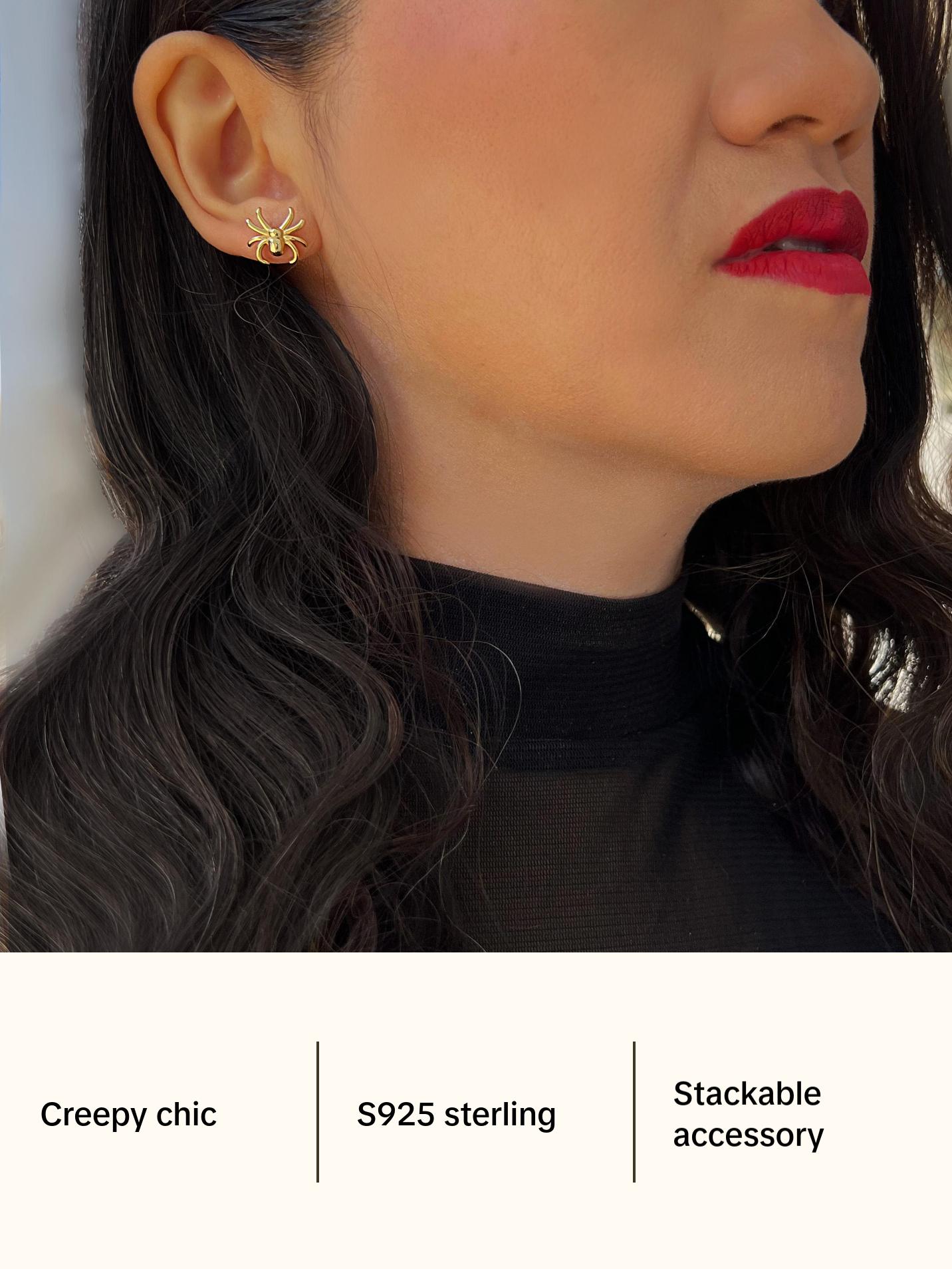 SONIA HOU Spider Halloween Stud Earrings - 18K Gold Over Sterling Silver | S925 Chic Trendy Exquisite Fashion Design Plated Stackable Accessory