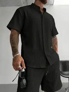 Men's Textured Stand Collar 2-Piece Outfit Set | Black/White/Grey Color Options | Short Sleeve Button Shirt + Drawstring Waist Shorts | Soft Breathable Fabric | Perfect for Summer Casual Outings, Streetwear & Smart Casual Style | Essential Set