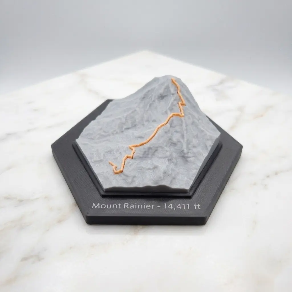 Mount Rainier 3D Terrain Model - Topographic Hiking Gift