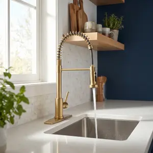 FORIOUS Gold Kitchen Faucet with Pull Down Sprayer，Single Handle Stainless Steel Kitchen Sink Faucet 360 Rotation Adjustable Sink Basin Faucet