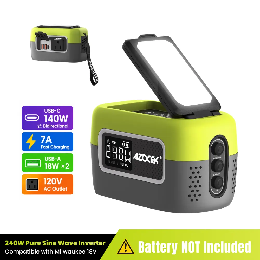 Azocek 240W Power Inverter Pure Sine Wave Compatible with Ryobi 18V Battery, 7A Fast Charger Portable Power Station with 120V AC Outlet, 140W USB-C, 2 QC USB Ports(18W), 600LM LED [Battery Not Included]
