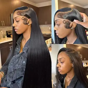 AMZHair 13x6 Transparent Lace Front Human hair Wig Pre Plucked Brazilian Straight with Baby Hair Natural Hairline Natural Black Color Bone Straight Hd Lace Frontal Wig Human Hiar Lace Front Glueless Wigs For Women Available In All Kinds Of Hairstyles