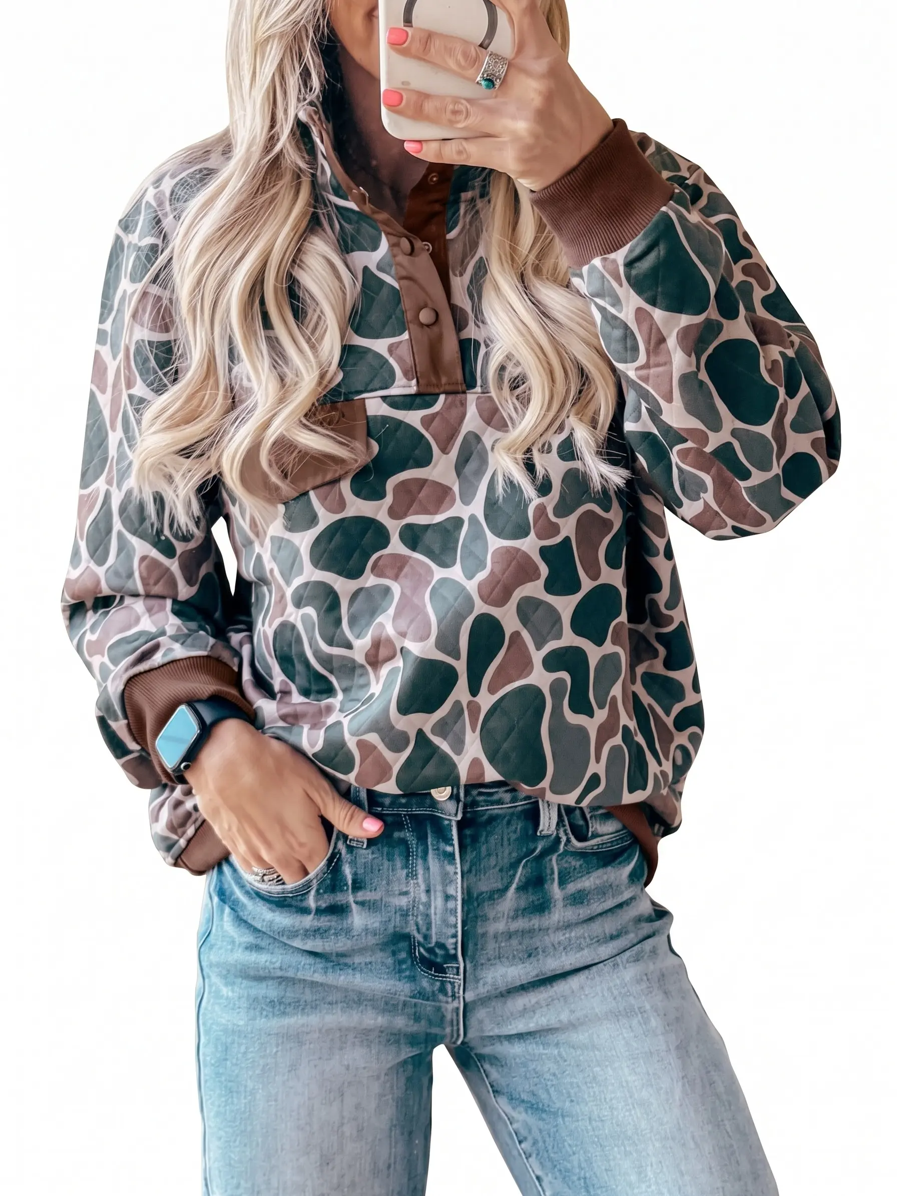 Women's Quilted Pullover Sweatshirt Retro Camo Print Half Button Long Sleeve Color Block Stand Collar Casual Fall Tops