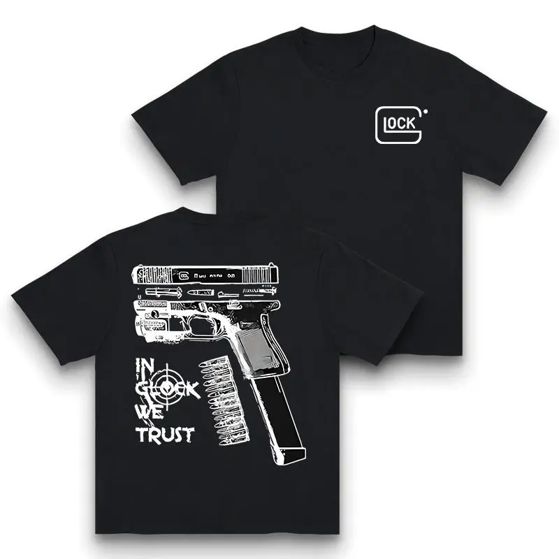 Women's 100% Cotton "In Glock We Trust" Short-Sleeve Round Neck Casual Graphic T-Shirt, Unisex Street Style Top for Edgy Fashion Lovers, Shortsleeve, Tshirt, Gun Graphic Women's T-Shirts, Street-Style Graphic Sparks Attention