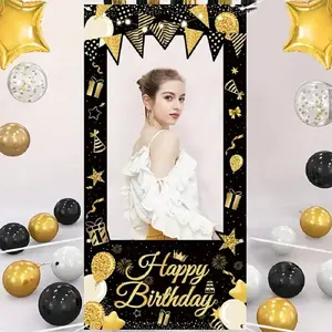 Happy Birthday Glitter Background Frame, Gold Balloon Birthday Backdrop, Party Decoration, Adult Birthday Gift, Pull Flag Banner