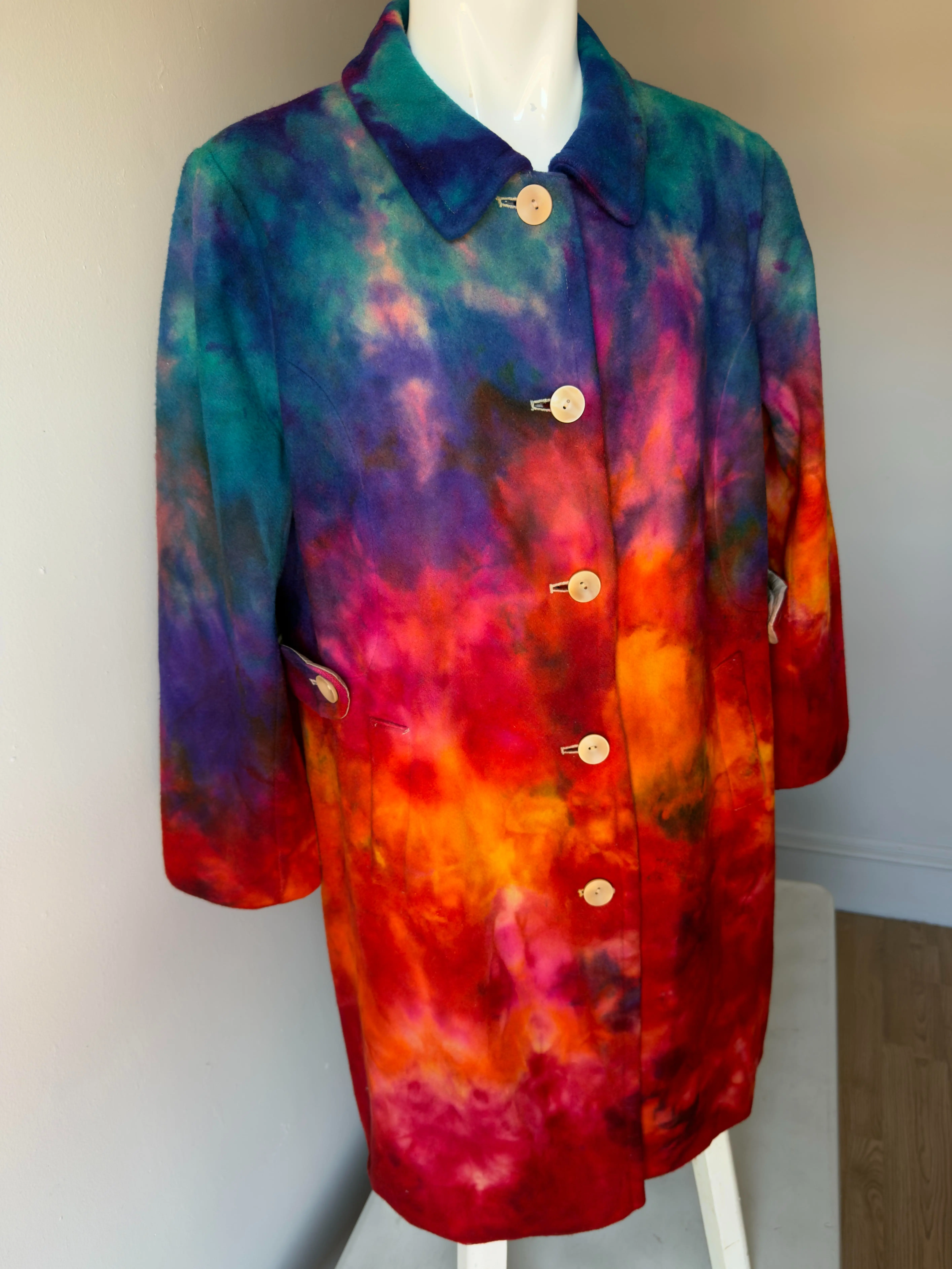 Women’s XL Rainbow Wool Coat Sunset Tie Dye Winter Jacket