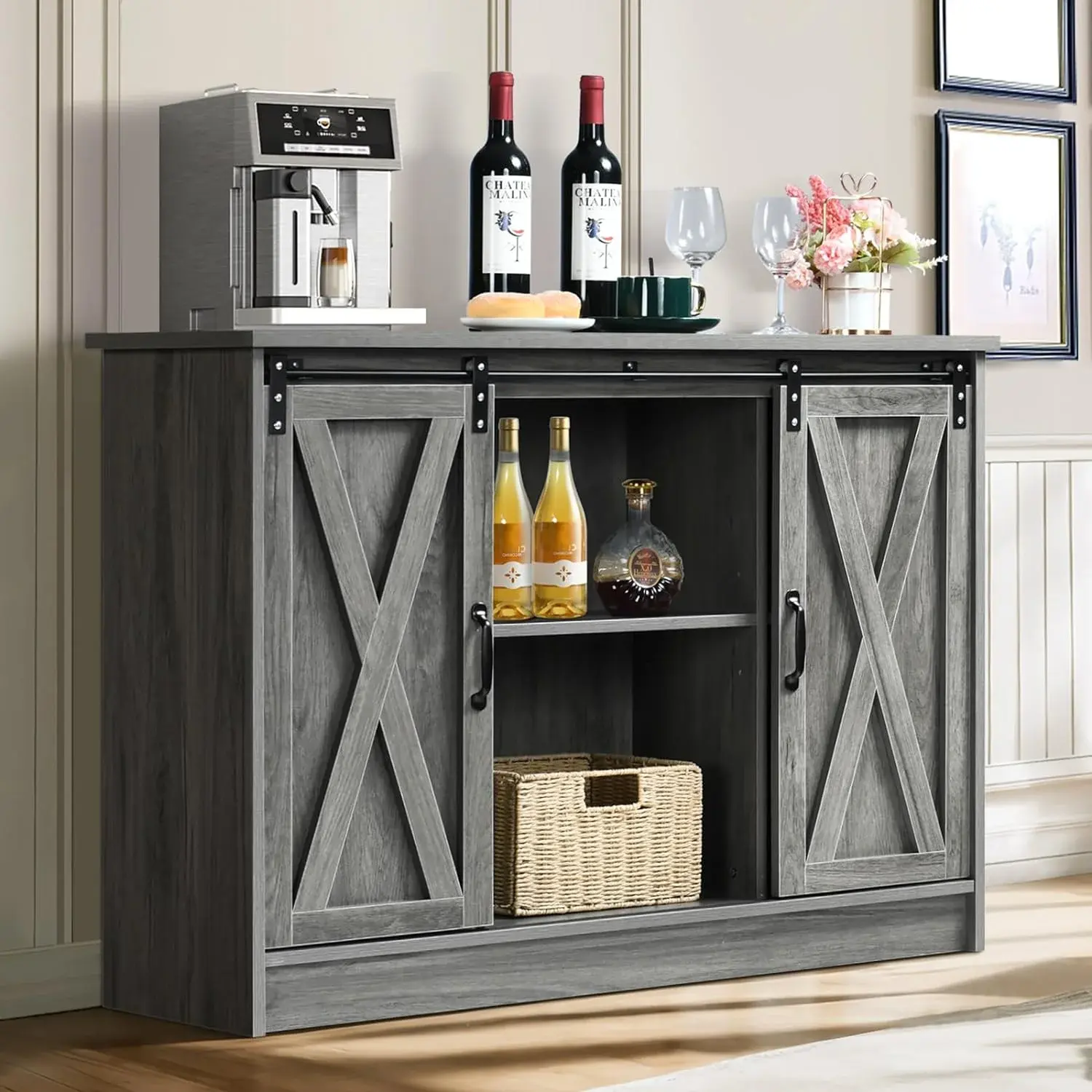 [SummerSale] HOMBCK Farmhouse Coffee Bar Cabinet , 42” Buffet Sideboard Cabinet with Sliding Door, Sideboard Storage Cabinet #home essentials#back to school Coffee Station Cabinet Entryway Buffet Cabinet