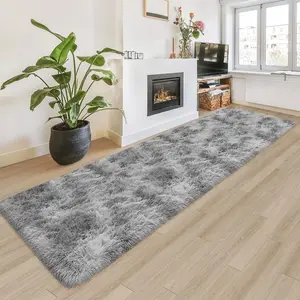 Soft Living Room Area Rug 2x8 ft Tie-Dyed Light Grey Shaggy Furry Carpet Washable Non-Slip Rugs Bedroom Bedside Nursery Rug Fuzzy Boys Girls Dorm Home