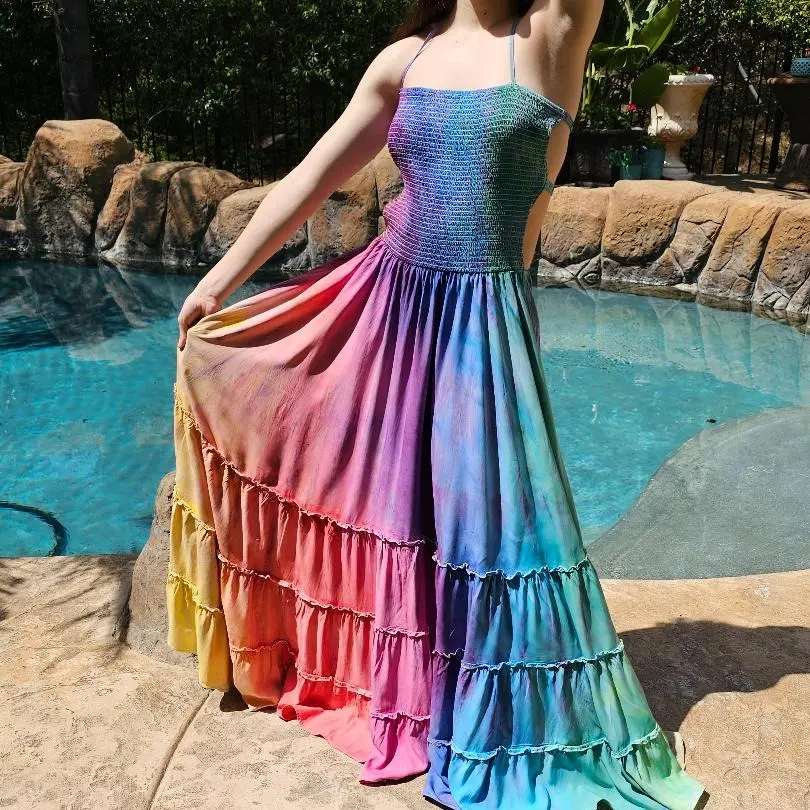 plus size rainbow maxi dress Final Sale with Spaghetti Straps in Ombre Print The product does not include any accessories in the picture. Maya Antonia Hand Painted Tropical