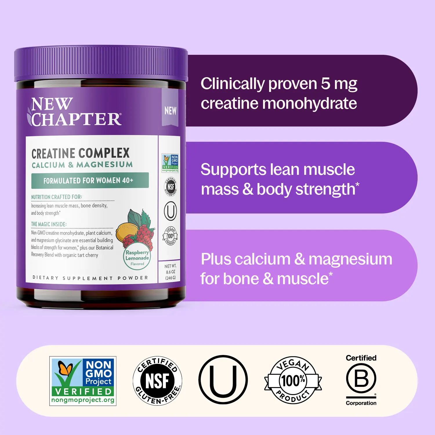 New Chapter Women's Organic Creatine Complex Dietary Supplement Powder - 5g Creatine Monohydrate, Calcium, Magnesium, Vitamins, Raspberry Lemonade, 30-Day Supply for Fitness Energy, Lean Muscle