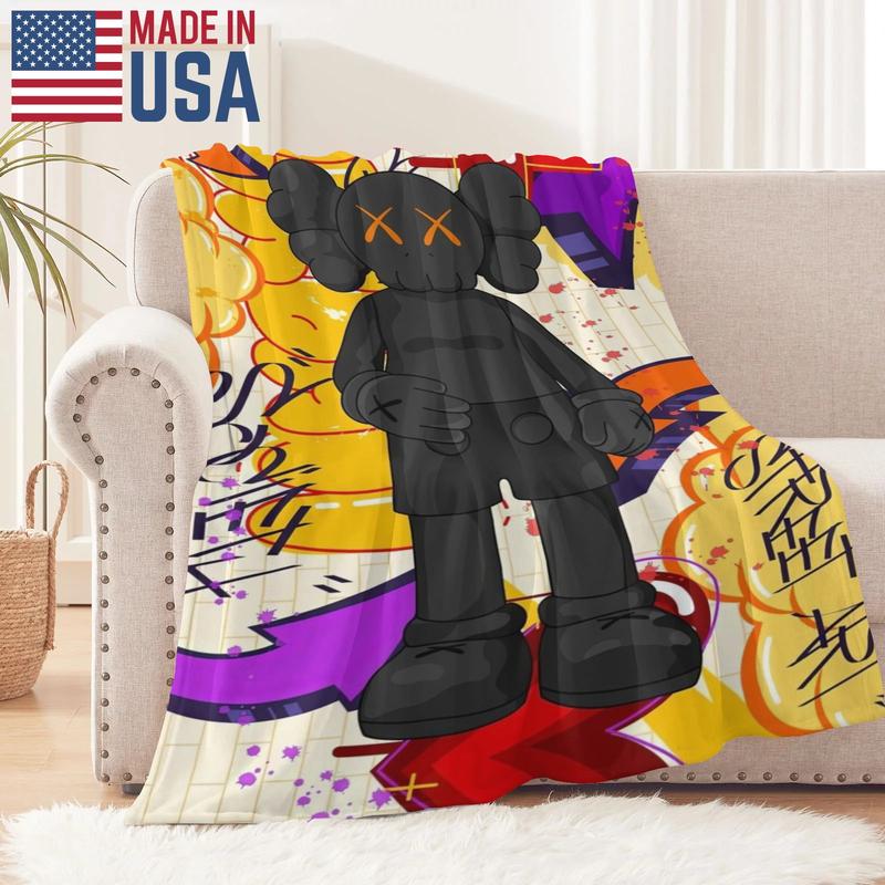 Kaws Black Companion with Japanese Graffiti Throw Blanket - Bold Streetwear Art Vibes, Urban Cool Collectible Blanket