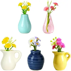 Renmxj 5-Pack Mini Ceramic Vase Refrigerator Magnets, Cute Tiny Plant Vases with Fake Flowers for Kitchen Fridge, Office Locker Home Decor, Magnet Refrigerator Magnets