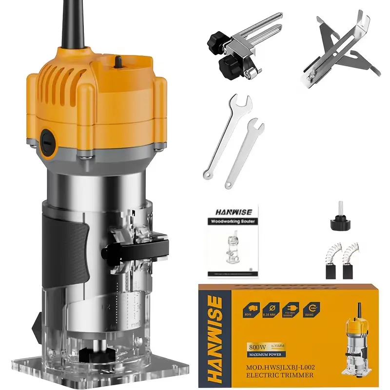 HANWISE Compact Portable Wood Router - 800W Power 6.1Amp Hand Grip Tool, 35000R/MIN Edge Carving Trimmer with 15 1/4" Bits, Slotting Guides & Wrenches for Woodworking Edge Treatment