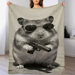 Tough Guy Hamster Blanket, Retro Black and White Hamster with Pistol Flannel Throw, Humorous Pet Lover Bedding