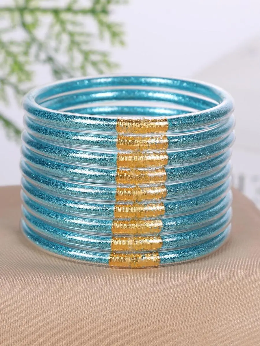 9-Piece Jelly Bangle Bracelets for Women, Trendy Solid Hue Bracelet Stacks, Stackable Jewelry for Party & Daily Wear, Party Wear, Solid Hues, Stacked Set, Basic, Female, Modern, Beads, Leopard Print, Champagne Gold, Beaded Bracelet Set, Fashionable Bracel