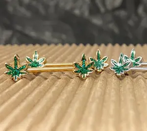 PAIR Glittery Marijuana Leaf Ends Nipple Rings Shields Barbells Pot Body Jewelry