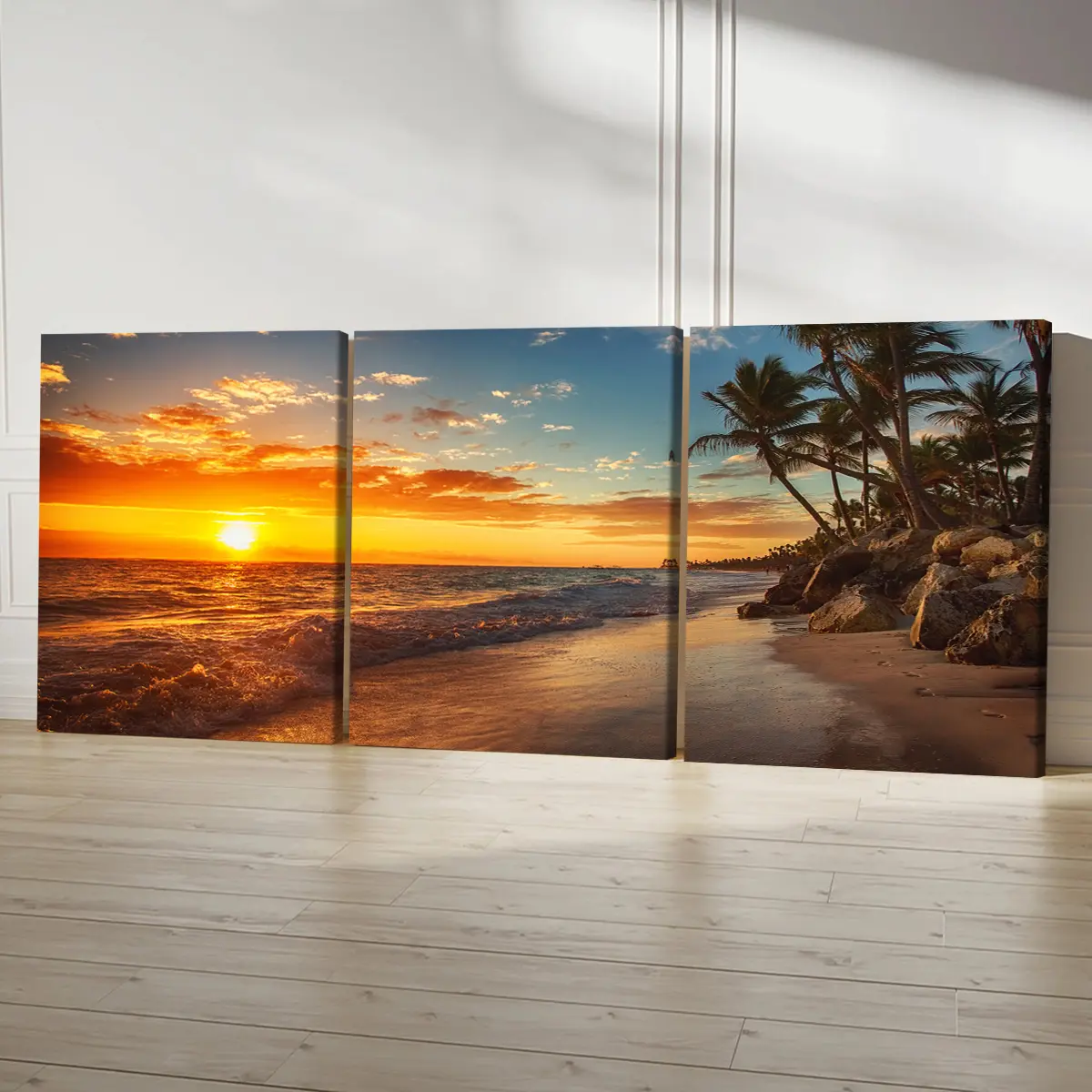 3Pcs 30x40cm(11.8x15.7in) Colorful Patterned Framed Wall Arts, Tropical Beach Sunset Palm Trees Caribbean Island Graphic Wall Arts, Odourless Coastal Print Home Decor, Room Art for Living Room, Decoration, Artwork