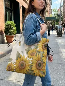 Sunflower Pattern Drawstring Tote Bag, Large Capacity Shopping Bag, Durable and Wear-Resistant, Casual Style for Work, Shopping, Picnic