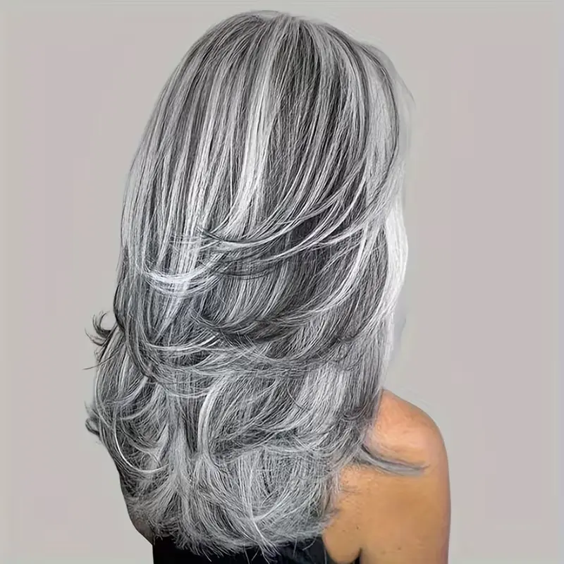 BEFUNNY Grey Wig Long Middle Part Design Layered Wigs for Women 18 Inch Silvery Wavy Wigs with Highlights Natural Womens Wigs Synthetic Hair Wig for Daily Party Cosplay